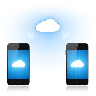 Communication between two mobile phone via cloud computing connection. Conceptual illustration. Isolated on white.
